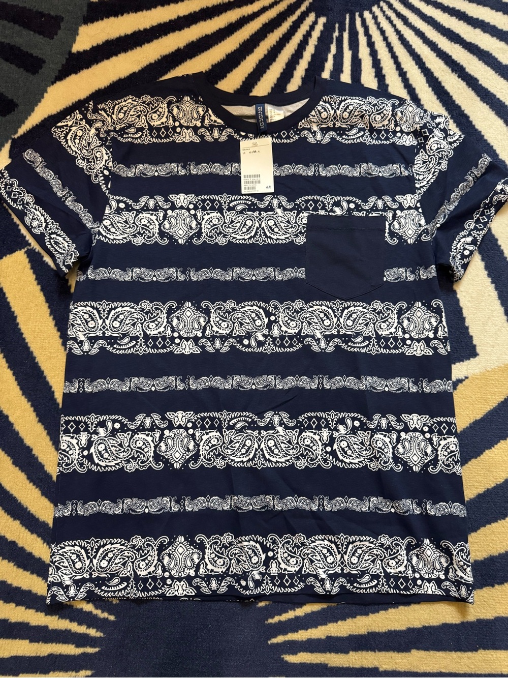 H&M Navy and White Bandana Print Pocket Tee
